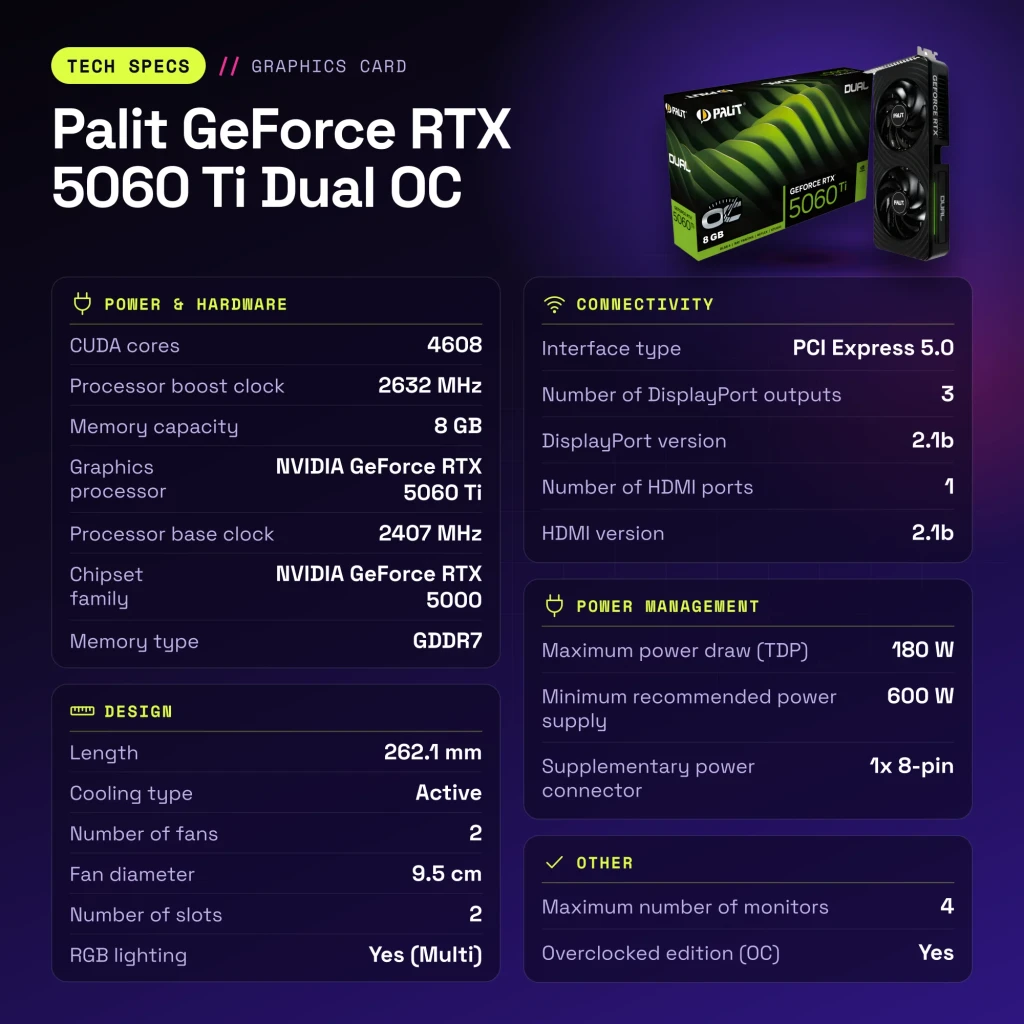 Palit GeForce RTX 5060 Ti Dual OC 8GB GDDR7 Preto - características