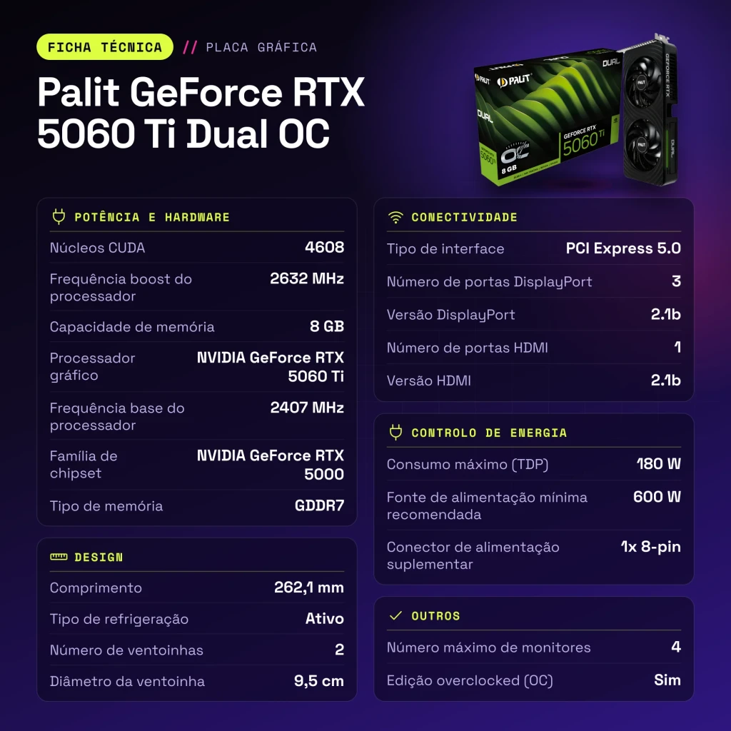 Palit GeForce RTX 5060 Ti Dual OC 8GB GDDR7 Preto - características