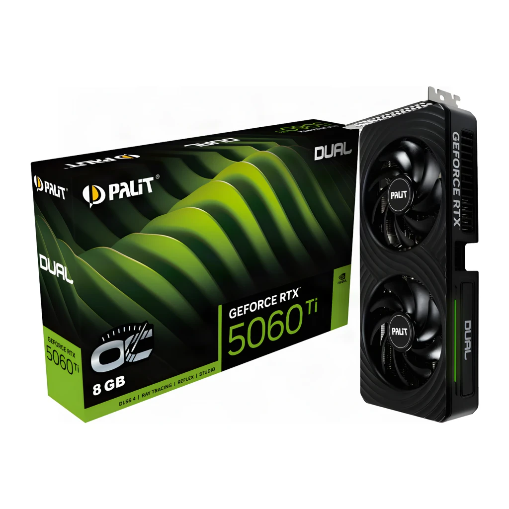 Palit GeForce RTX 5060 Ti Dual OC 8GB GDDR7 Preto, conteúdo da caixa: placa gráfica com dois ventoinhas e caixa verde