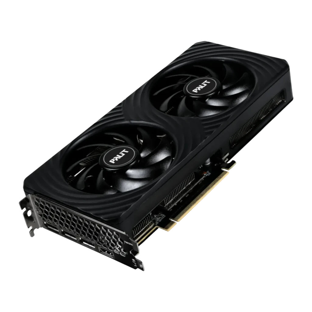 Palit GeForce RTX 5060 Ti Dual OC 8GB GDDR7 Preto, vista frontal: dois ventiladores com logo Palit, dissipador preto