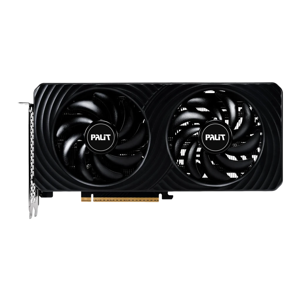 Palit GeForce RTX 5060 Ti Dual OC 8GB GDDR7 Preto, detalhe frontal: dois ventiladores com logo Palit e conector PCIe dourado