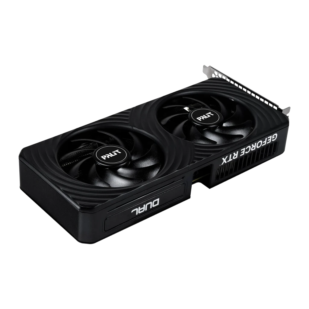 Palit GeForce RTX 5060 Ti Dual OC 8GB GDDR7 Preto, detalhe: vista em perspectiva com dois ventoinhas e letras GeForce RTX