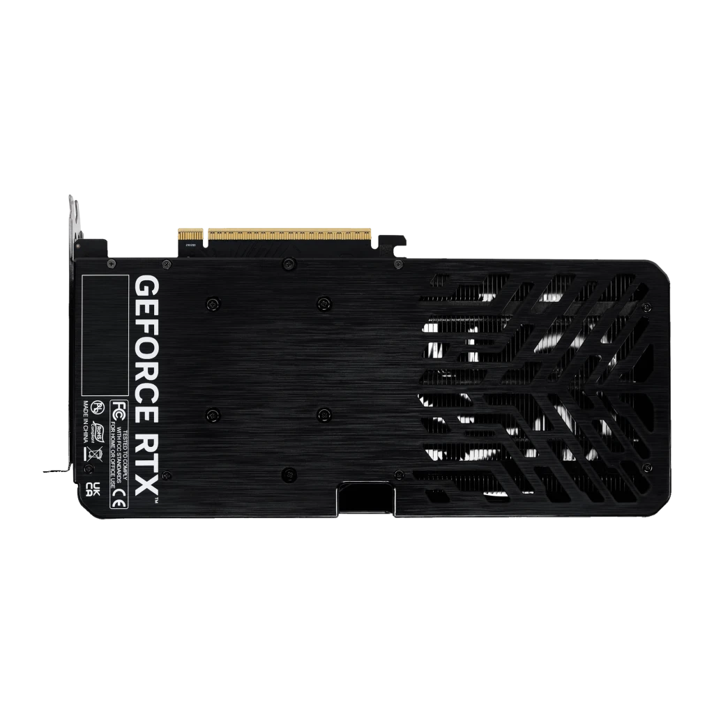Palit GeForce RTX 5060 Ti Dual OC 8GB GDDR7 Preto, vista traseira: backplate preto escovado com logo GeForce RTX e grelha