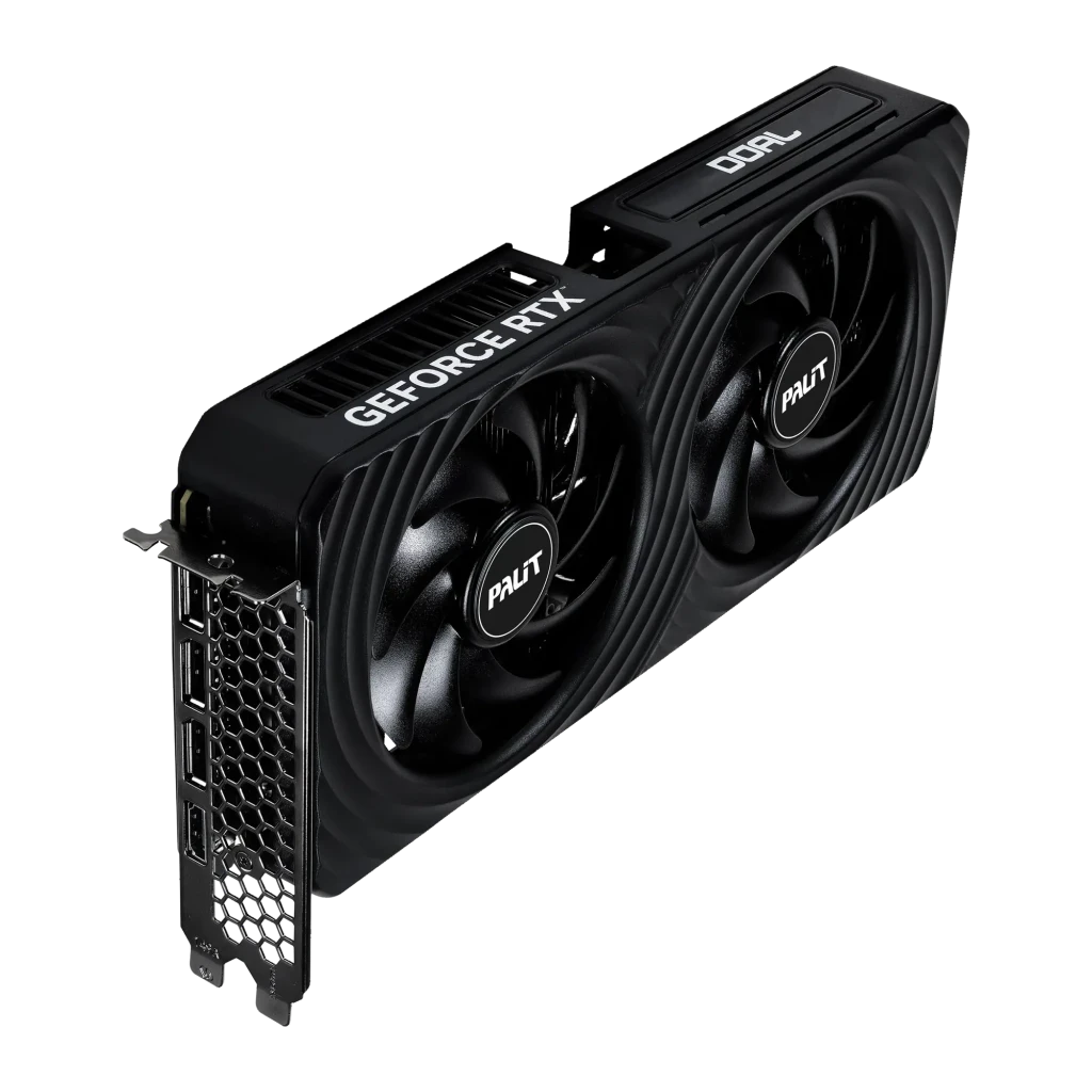 Palit GeForce RTX 5060 Ti Dual OC 8GB GDDR7 Preto, detalhe: vista em ângulo com dois ventoinhas e bracket com portas