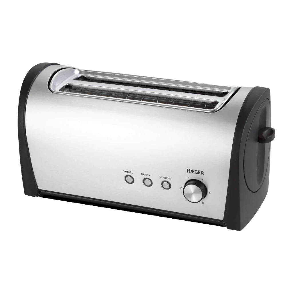 Tostadora Haeger Desayuno Plus 6 1400W 2 Ranuras Negro, vista frontal: cuerpo inox, ranura larga y botones Cancel Reheat