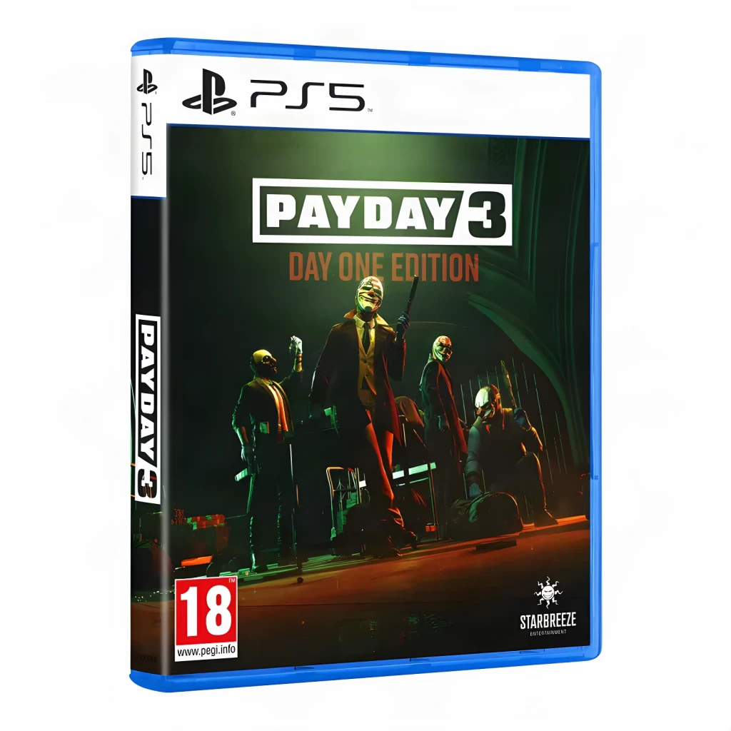 Jeu vidéo Prime Matter Payday 3 Day One Edition PS5, détail: boîtier en angle avec 4 braqueurs masqués en couverture
