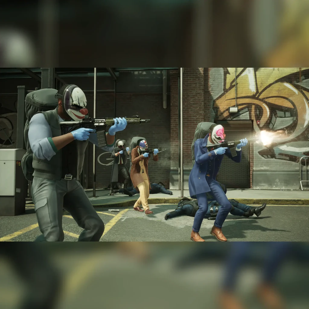 Jeu vidéo Prime Matter Payday 3 Day One Edition PS5, en jeu: quatre braqueurs masqués en clown tirent dans une rue urbaine