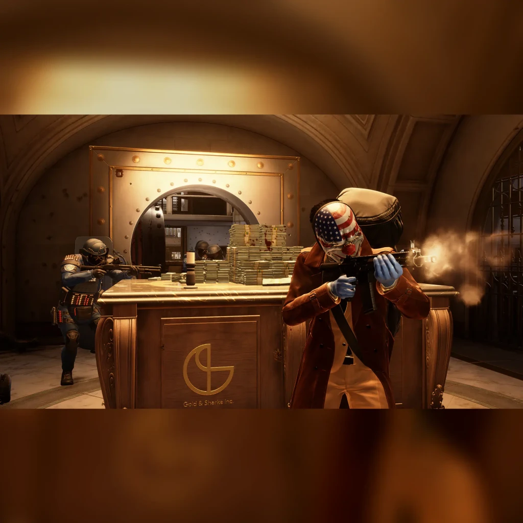 Jeu vidéo Prime Matter Payday 3 Day One Edition PS5, en jeu: braqueurs tirant dans une banque avec coffre-fort et liasses