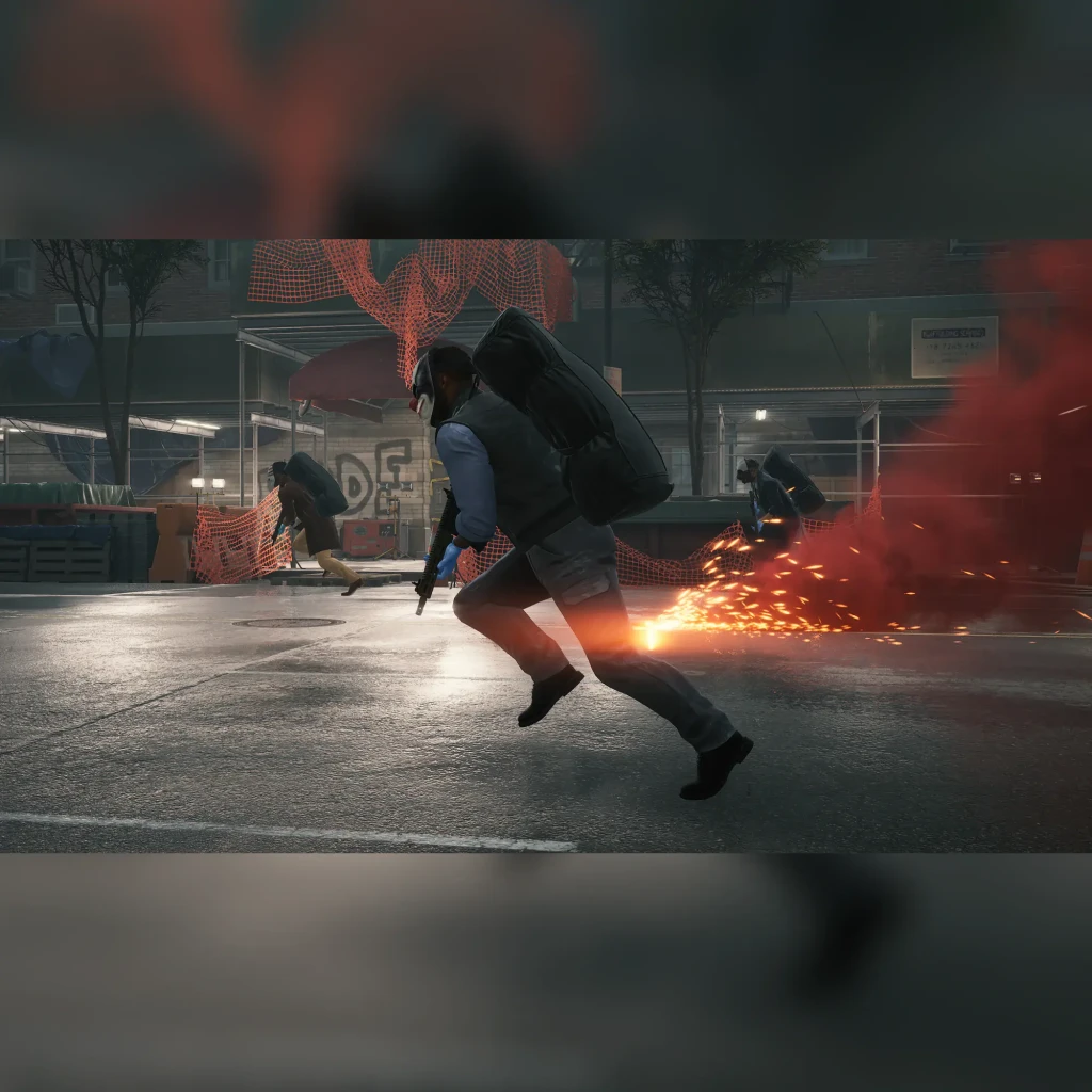 Jeu vidéo Prime Matter Payday 3 Day One Edition PS5, en cours d'utilisation: braqueur masqué en fuite armé avec butin parmi