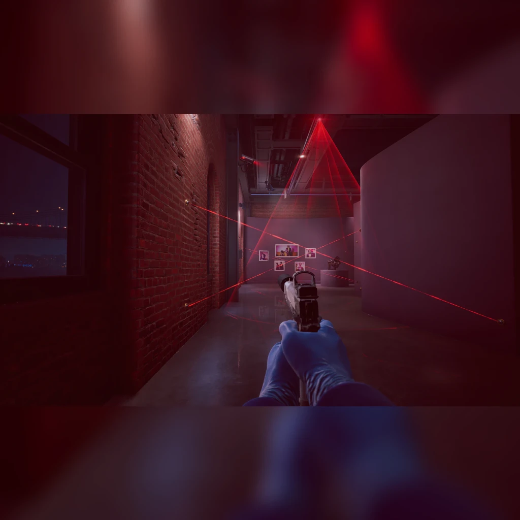 Jeu vidéo Prime Matter Payday 3 Day One Edition PS5, en cours d'utilisation: couloir avec lasers rouges et arme à