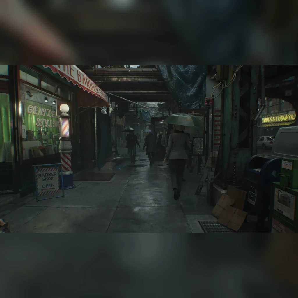 Videojuego Capcom Resident Evil Requiem Estándar Nintendo Switch 2, en uso: callejón urbano oscuro con barbería y personajes