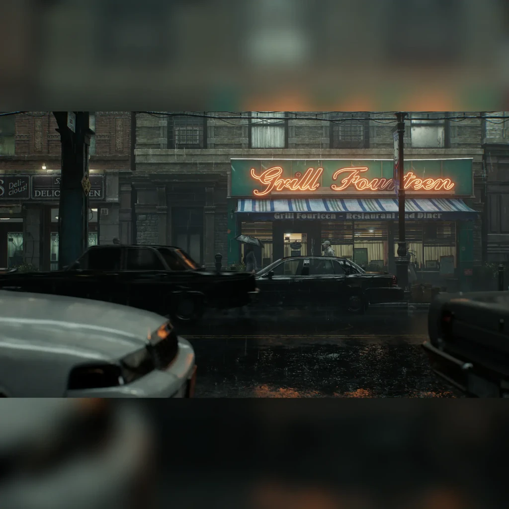 Videojuego Capcom Resident Evil Requiem Estándar Nintendo Switch 2, en uso: calle lluviosa nocturna con neón Grill Fourteen