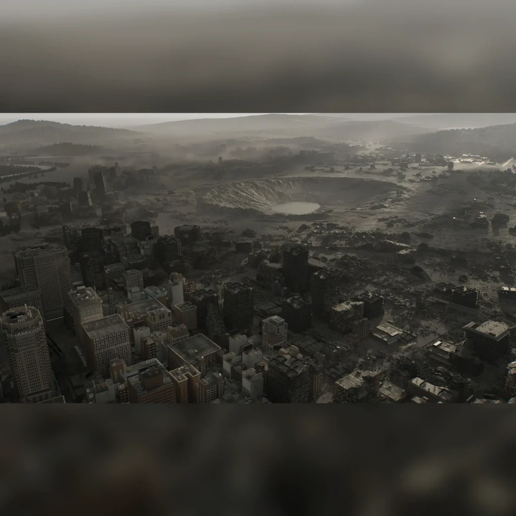 Videojuego Capcom Resident Evil Requiem Estándar Nintendo Switch 2, en uso: ciudad devastada vista aérea con cráter