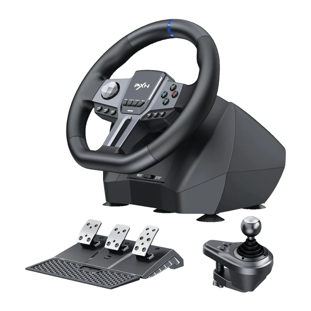 Volante gaming PXN V9 Gen2 Vibração adaptativa duplo motor Preto, vista frontal: volante com faixa azul, botoneira central