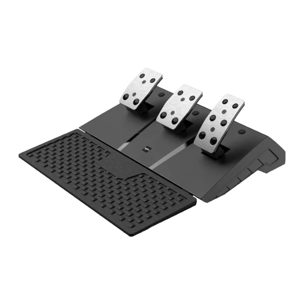 Volante gaming PXN V9 Gen2 Vibração adaptativa duplo motor Preto, detalhe: conjunto de 3 pedais metálicos com base