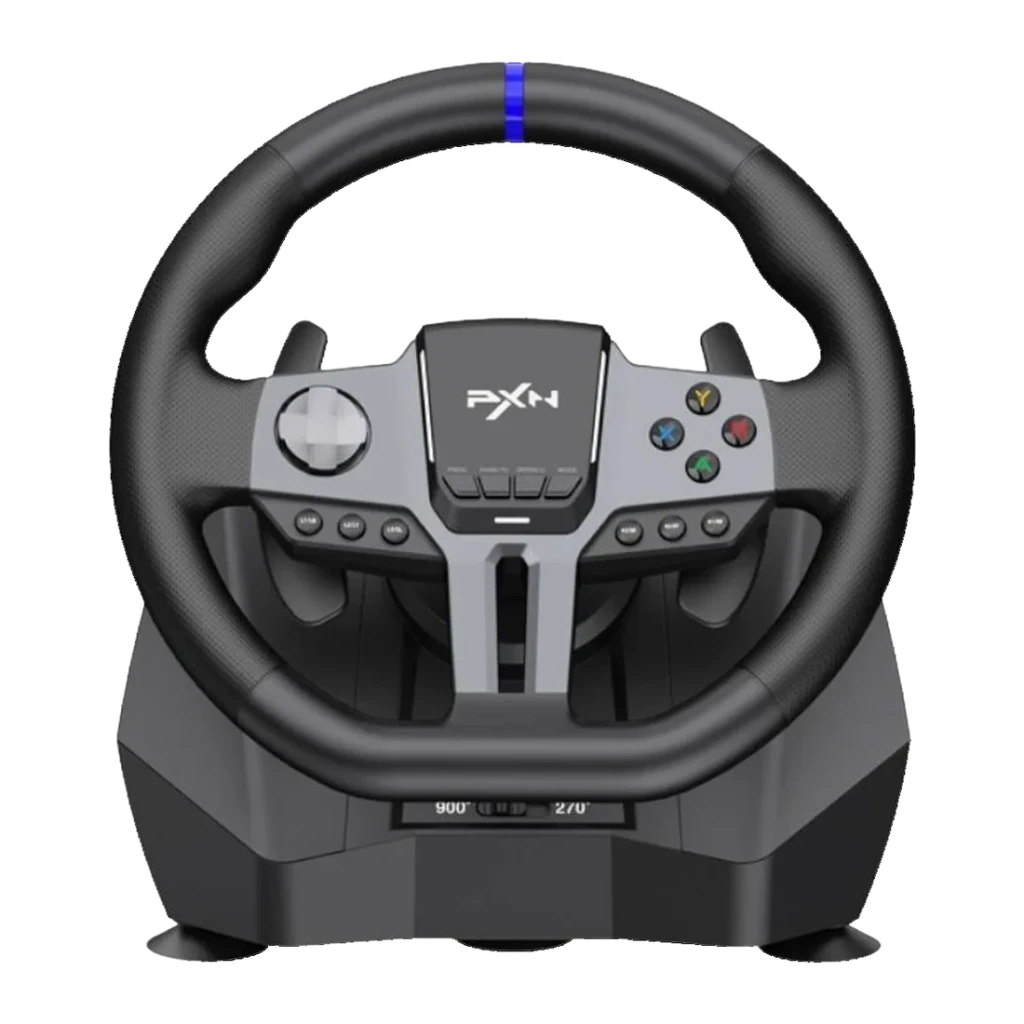 Volante gaming PXN V9 Gen2 Vibração adaptativa duplo motor Preto, detalhe frontal: logo PXN, botões, D-pad, botões coloridos
