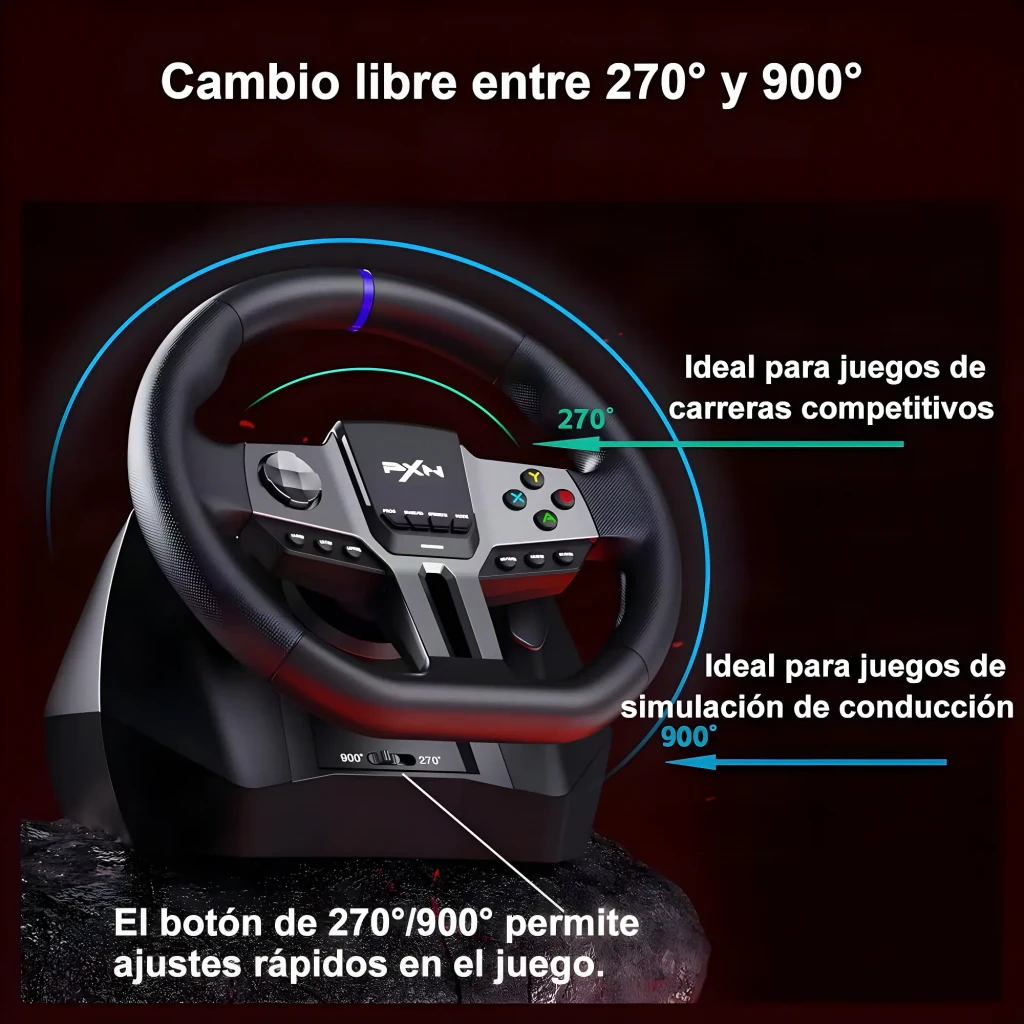 Volante gaming PXN V9 Gen2 Vibração adaptativa duplo motor Preto, infográfico: ângulo de rotação ajustável 270° e 900°