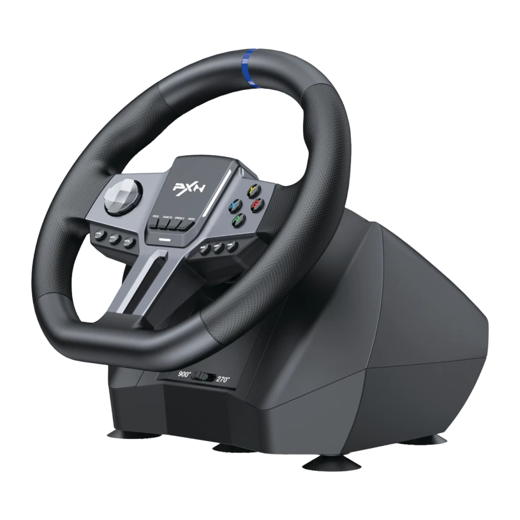 Volante gaming PXN V9 Gen2 Vibração adaptativa duplo motor Preto, detalhe: vista 3/4 frontal com botões centrais, aro azul