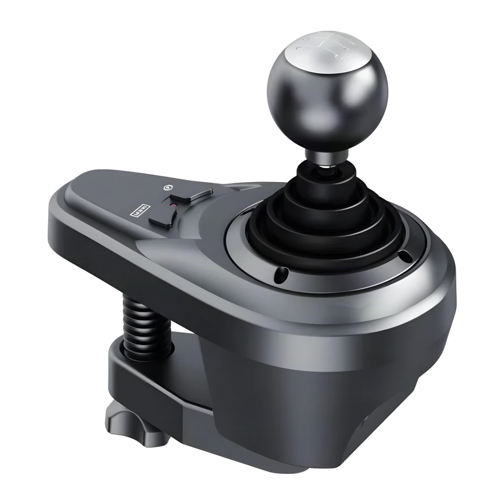 Volante gaming PXN V9 Gen2 Vibração adaptativa duplo motor Preto, detalhe: alavanca de câmbio com pomo prateado e grampo