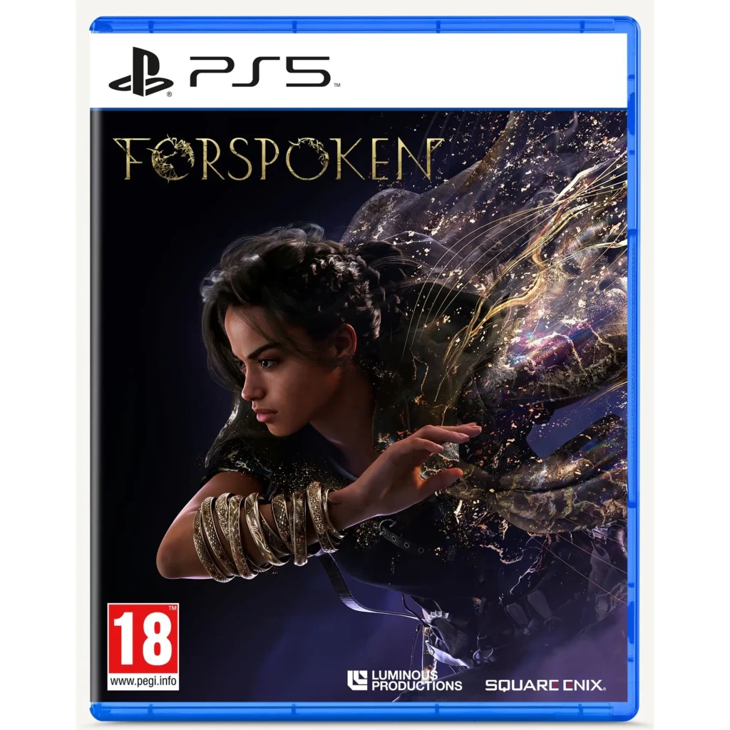 Videojuego Square Enix Forspoken Estándar PS5, vista frontal: carátula con protagonista y magia dorada, caja azul PS5