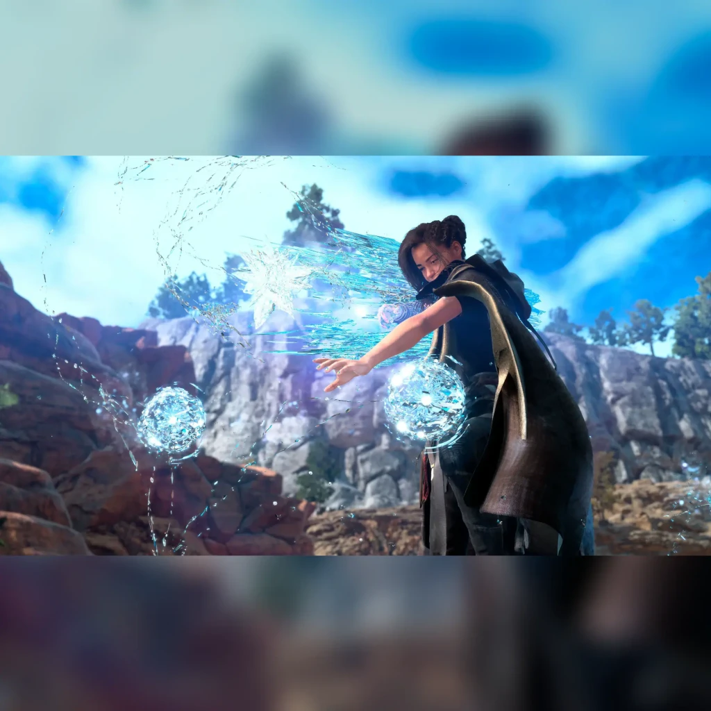 Videojuego Square Enix Forspoken Estándar PS5, en uso: protagonista lanzando esferas de agua mágica en paisaje rocoso