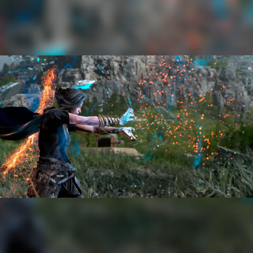 Videojuego Square Enix Forspoken Estándar PS5, en uso: protagonista lanzando magia de hielo con brazalete dorado