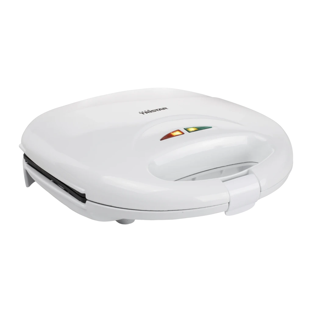 Sandwichera TriStar 750W 2 ranuras Blanco SA-3050, vista frontal: tapa cerrada con indicadores rojo y verde visibles