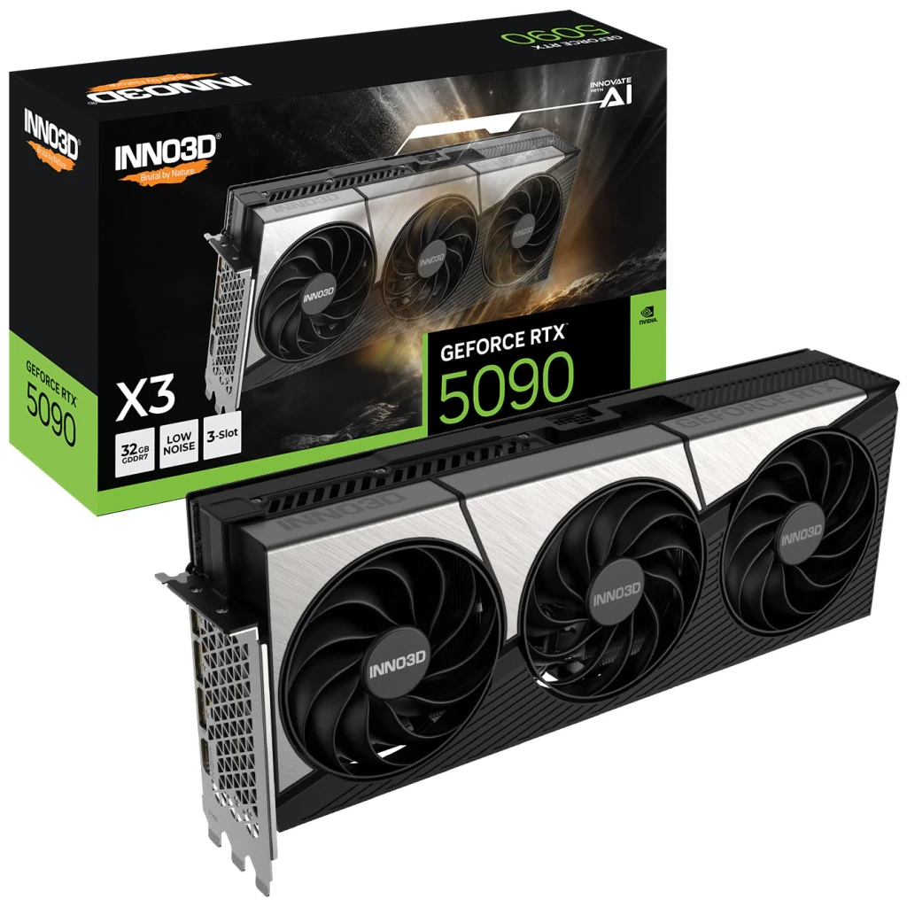 Inno3D GeForce RTX 5090 X3 32GB GDDR7, contenido de la caja: tarjeta gráfica con triple ventilador y caja del producto