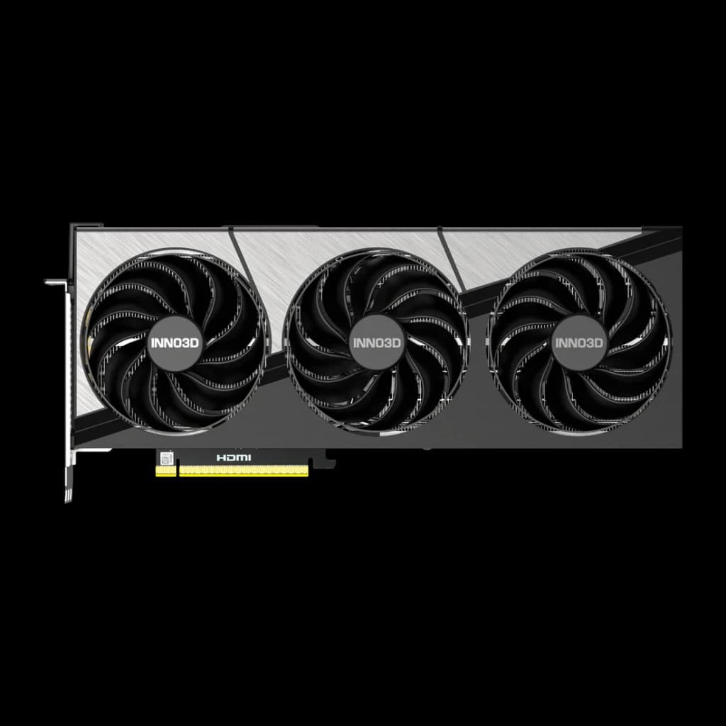 Inno3D GeForce RTX 5090 X3 32GB GDDR7, detalle frontal: tres ventiladores con logo Inno3D y conector HDMI visible