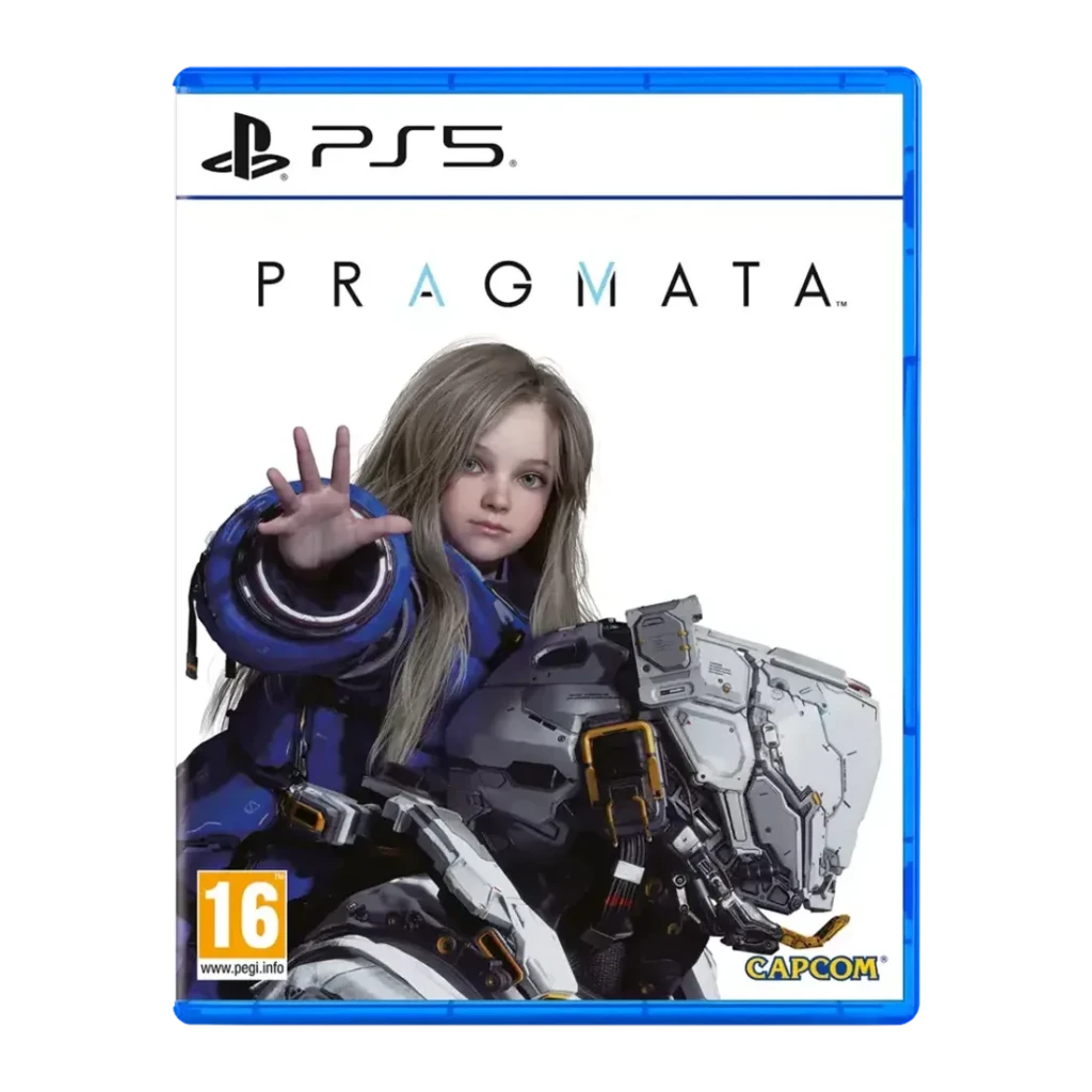 Videojogo Deep Silver Pragmata Standard PS5, vista frontal: capa com rapariga em fato mech azul a estender a mão, logo