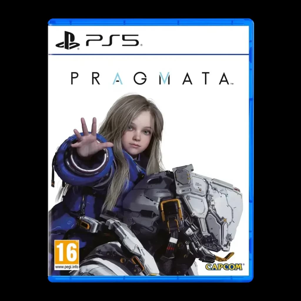 Videojogo Deep Silver Pragmata Standard PS5, vista frontal: capa com rapariga em fato mech azul a estender a mão, logo