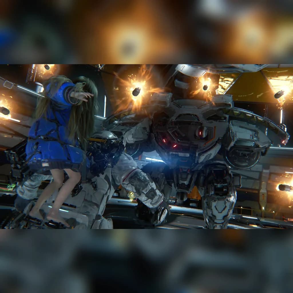Videojogo Deep Silver Pragmata Standard PS5, em uso: menina de azul e mech blindado em corredor espacial com explosões