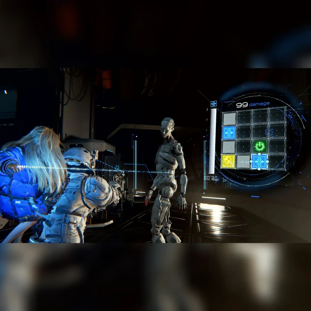 Videojogo Deep Silver Pragmata Standard PS5, em uso: cena sci-fi com personagens e HUD de combate a mostrar 99 de dano