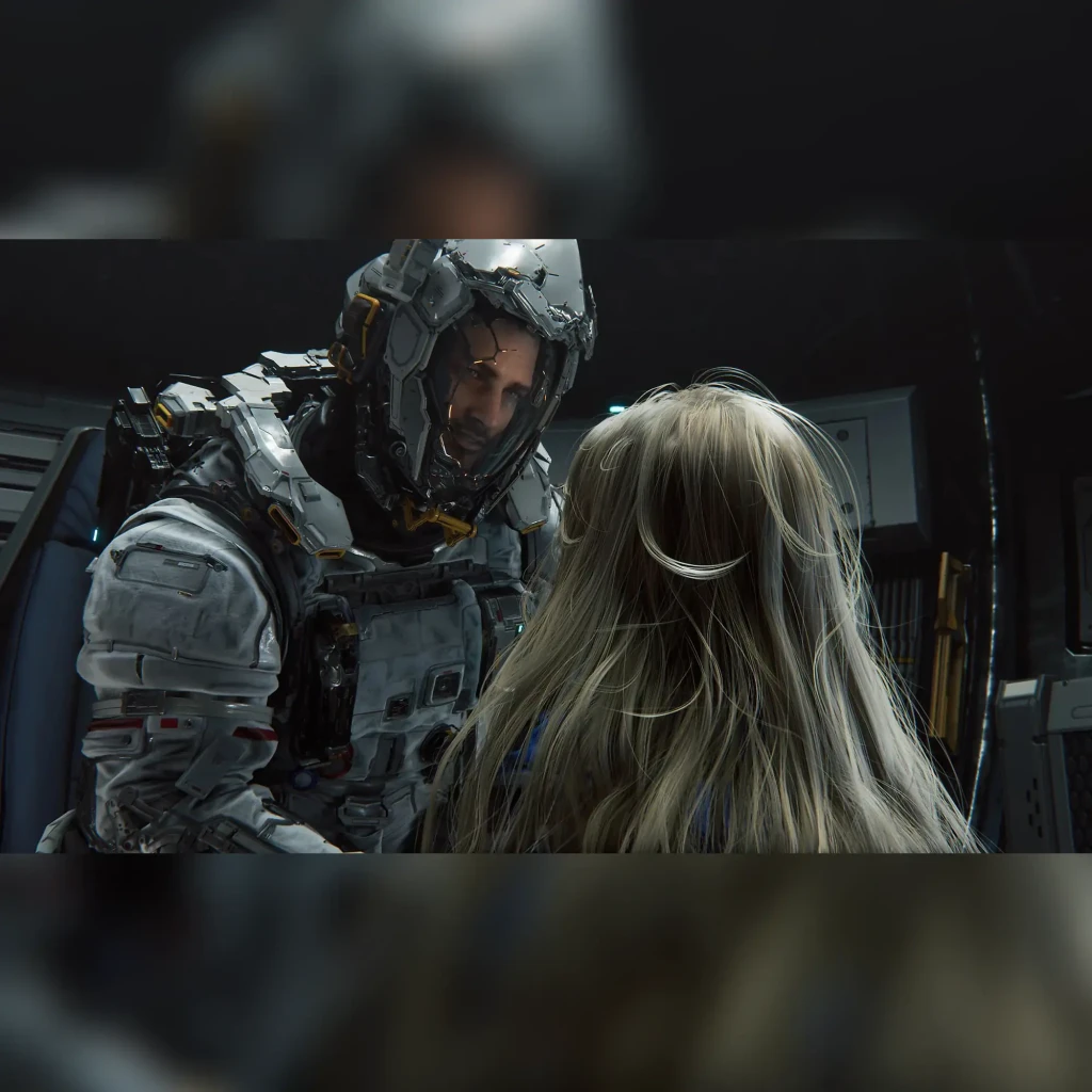 Videojogo Deep Silver Pragmata Standard PS5, em uso: soldado com armadura sci-fi danificada diante de menina de cabelo longo