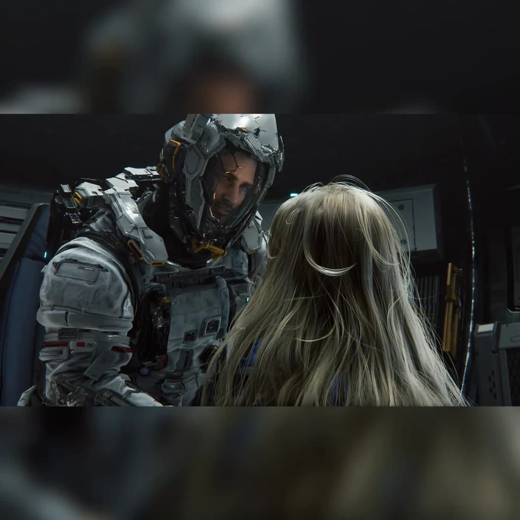 Videojogo Deep Silver Pragmata Standard PS5, em uso: soldado com armadura sci-fi danificada diante de menina de cabelo longo