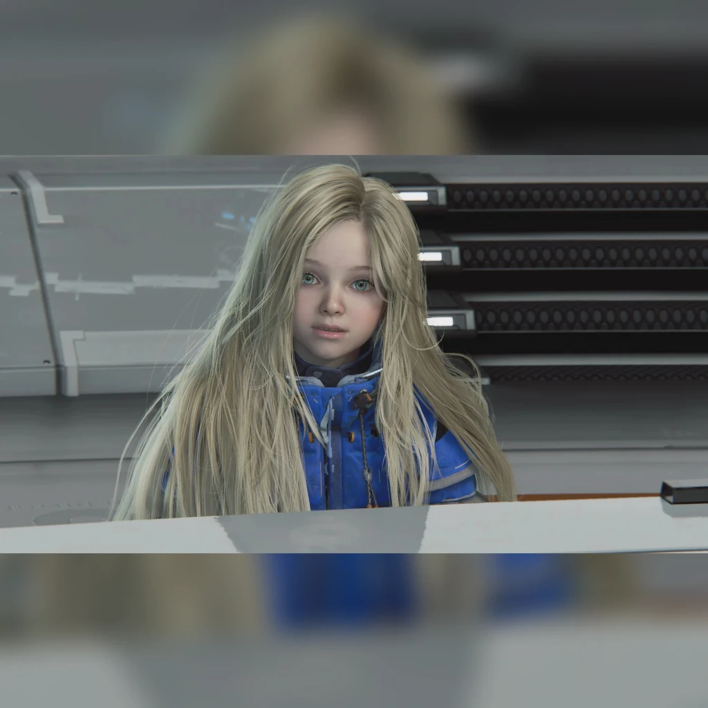 Videojogo Deep Silver Pragmata Standard PS5, em uso: menina loira com casaco azul em cenário sci-fi futurista