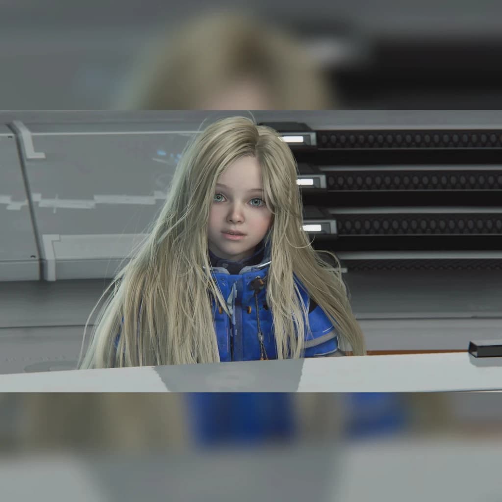 Videojogo Deep Silver Pragmata Standard PS5, em uso: menina loira com casaco azul em cenário sci-fi futurista