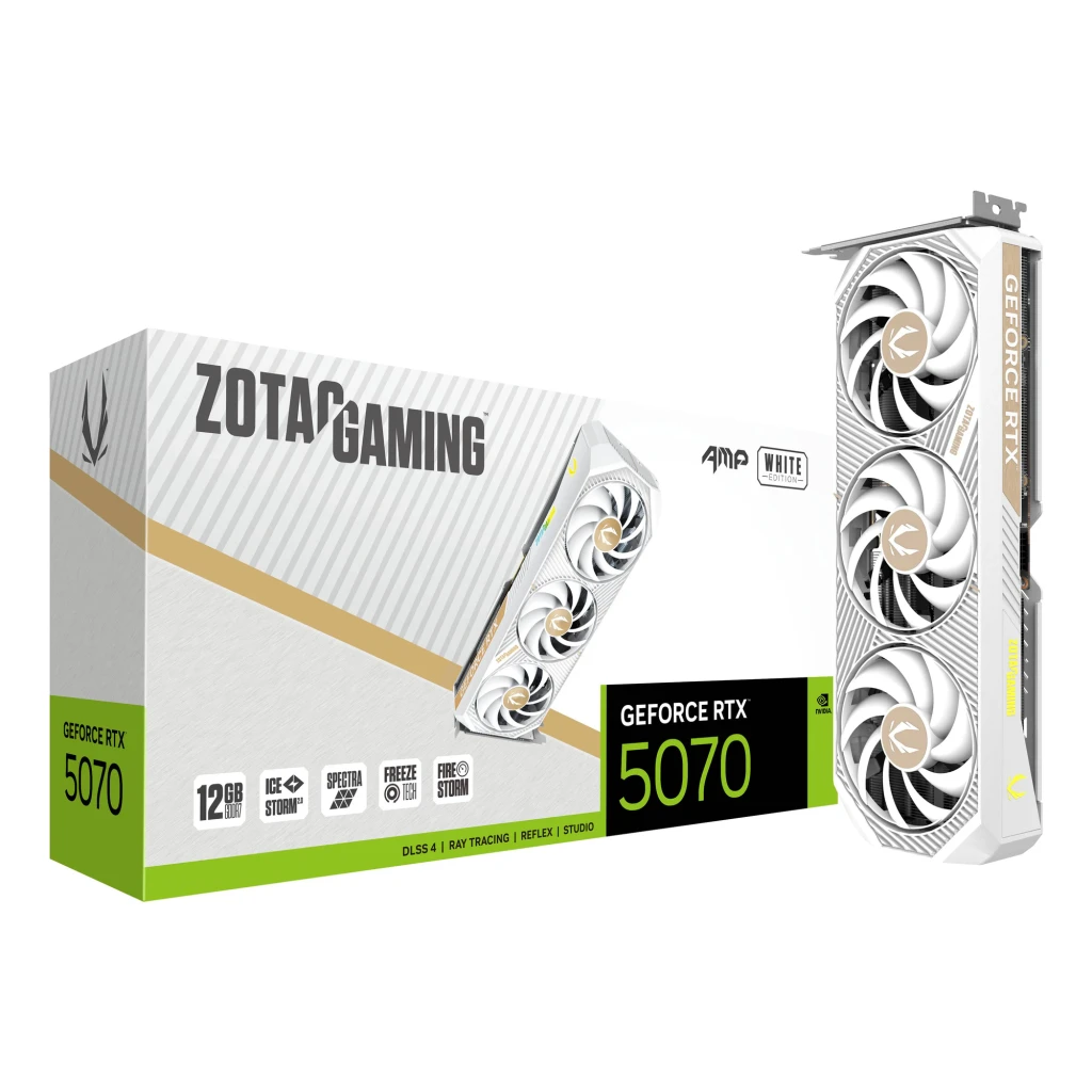 ZOTAC Gaming GeForce RTX 5070 AMP White Edition 12GB GDDR7, contenido de la caja: caja oficial junto a tarjeta gráfica