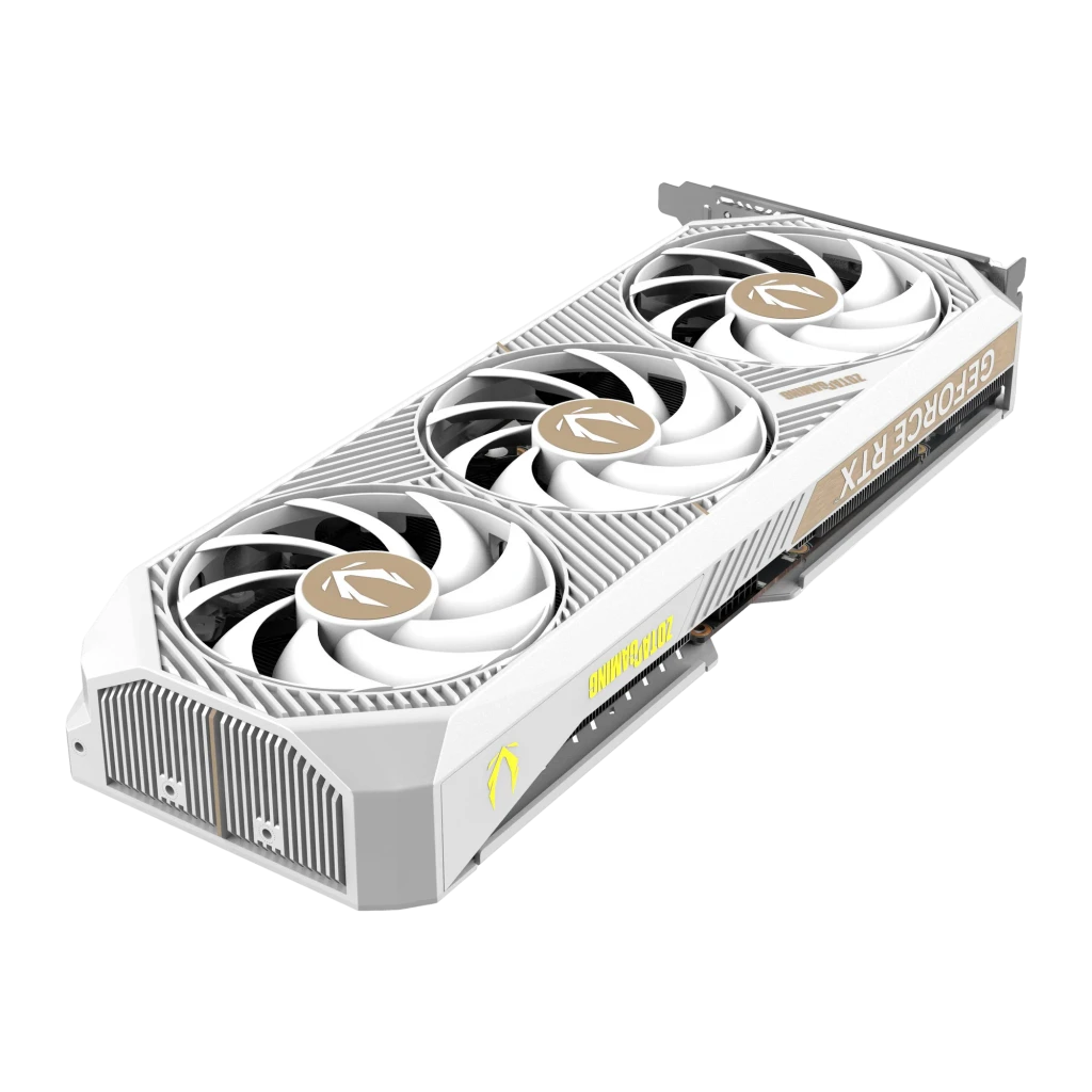 ZOTAC Gaming GeForce RTX 5070 AMP White Edition 12GB GDDR7, vista frontal: triple ventilador blanco con detalles dorados