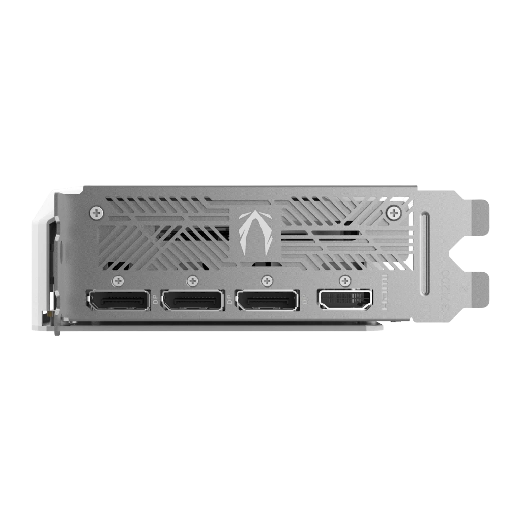 ZOTAC Gaming GeForce RTX 5070 AMP White Edition 12GB GDDR7, detalle: bracket plateado con 3 DisplayPort y 1 HDMI