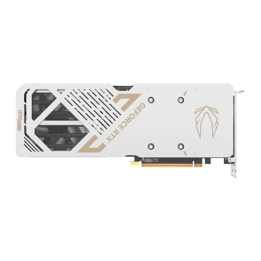 ZOTAC Gaming GeForce RTX 5070 AMP White Edition 12GB GDDR7, vista trasera: backplate blanco con logo ZOTAC y GeForce RTX