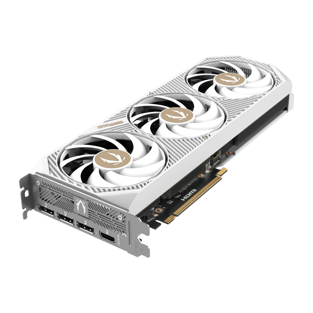 ZOTAC Gaming GeForce RTX 5070 AMP White Edition 12GB GDDR7, detalle: triple ventilador blanco con logos dorados y bracket