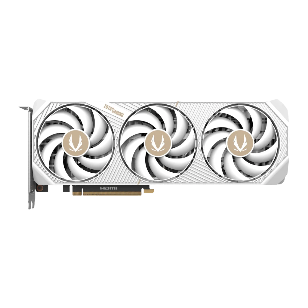 ZOTAC Gaming GeForce RTX 5070 AMP White Edition 12GB GDDR7, detalle frontal: tres ventiladores blancos con logo dorado