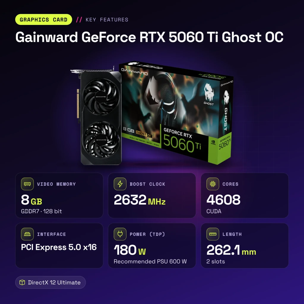 Gainward GeForce RTX 5060 Ti Ghost OC 8GB GDDR7 Negro - características