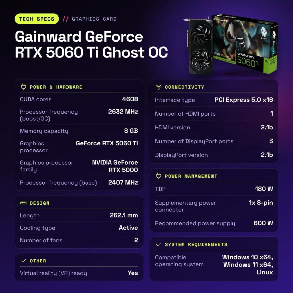 Gainward GeForce RTX 5060 Ti Ghost OC 8GB GDDR7 Negro - características