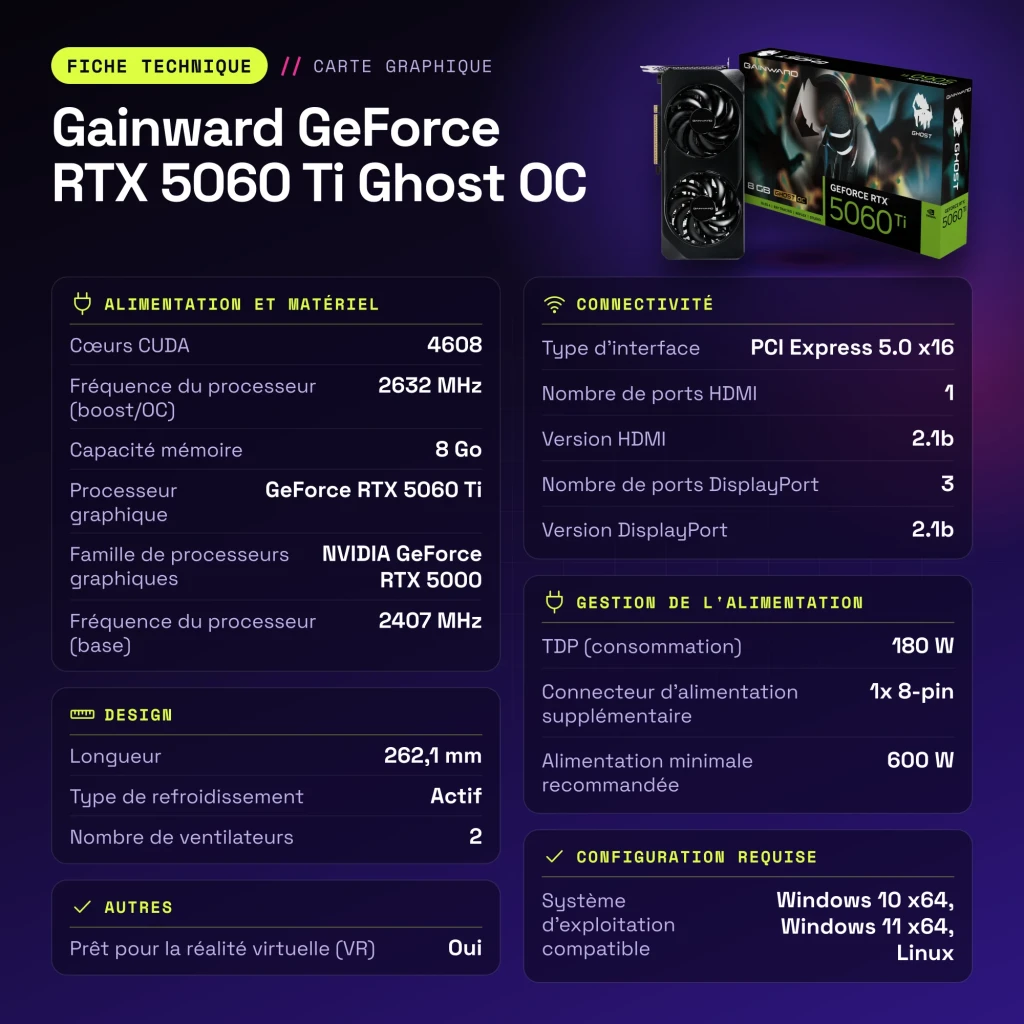 Gainward GeForce RTX 5060 Ti Ghost OC 8GB GDDR7 Negro - características