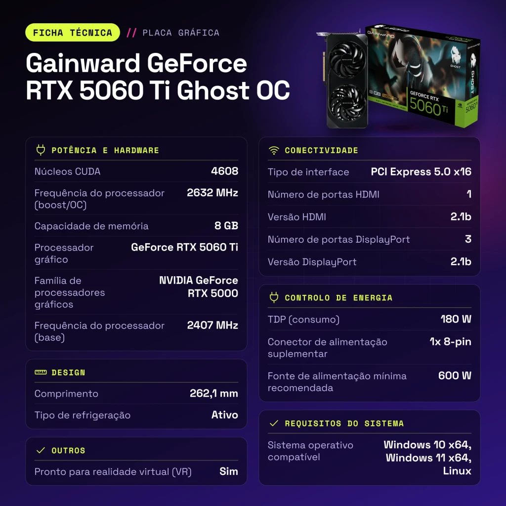 Gainward GeForce RTX 5060 Ti Ghost OC 8GB GDDR7 Negro - características