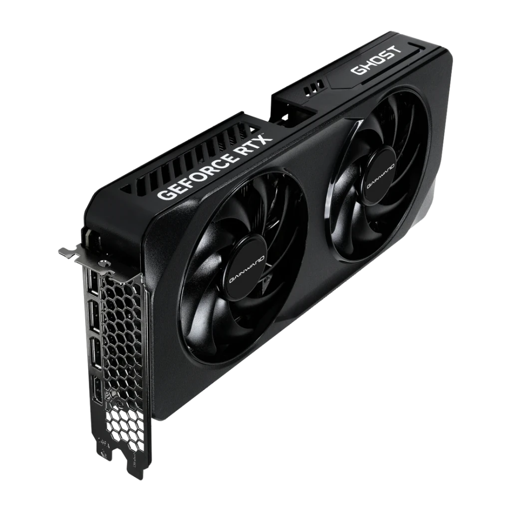 Gainward GeForce RTX 5060 Ti Ghost OC 8GB GDDR7 Negro, detalle: vista en perspectiva con dos ventiladores y bracket