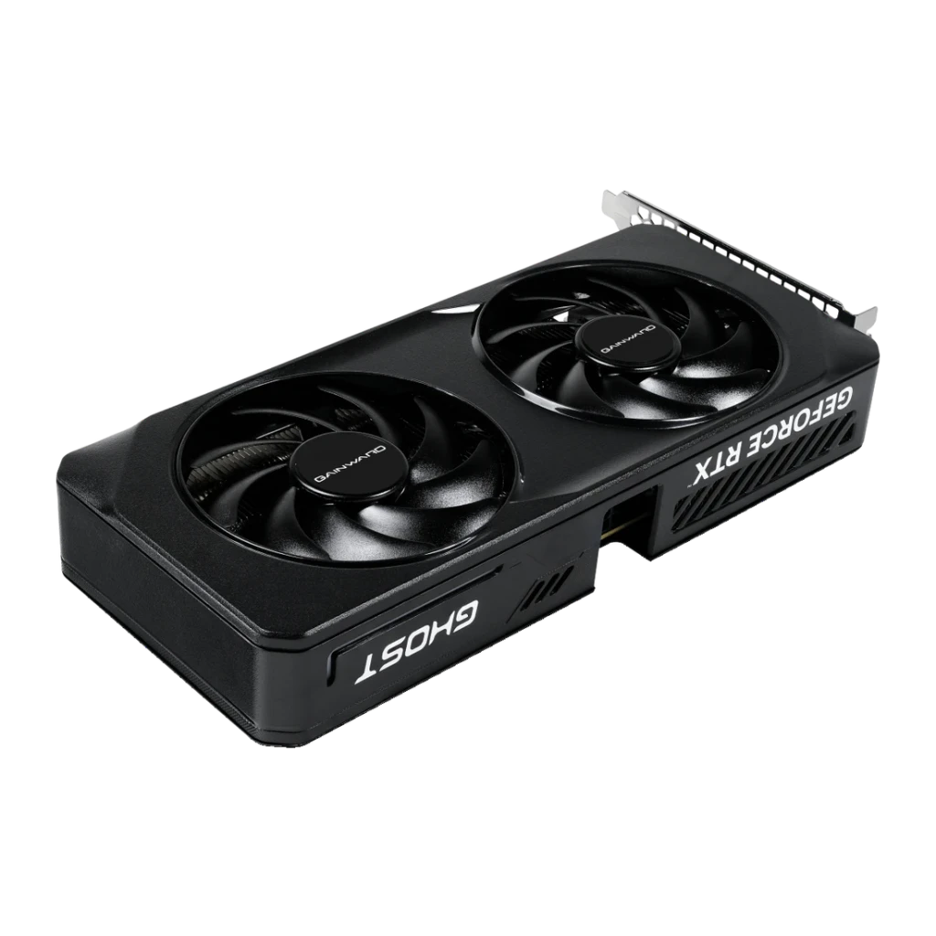 Gainward GeForce RTX 5060 Ti Ghost OC 8GB GDDR7 Negro, detalle: vista en perspectiva con doble ventilador y logo GHOST
