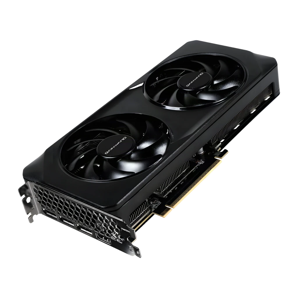 Gainward GeForce RTX 5060 Ti Ghost OC 8GB GDDR7 Negro, detalle: vista en ángulo con dos ventiladores y bracket de salidas